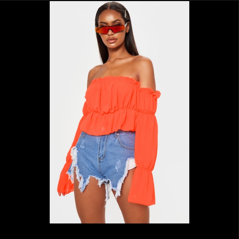Neon Orange Woven Ruffle Bardot Flared Sleeve
Blouse